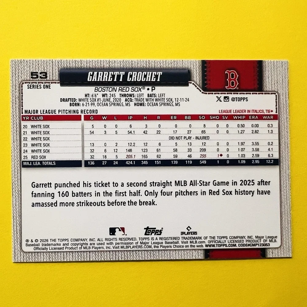 2026‎ Topps Series 1 Garrett Crochet #53 Boston Red Sox Base Card